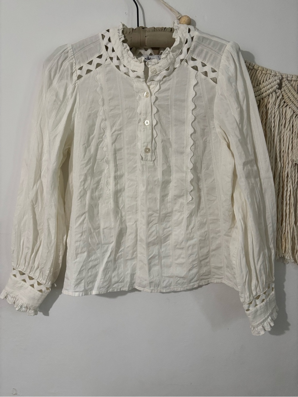 Sam Edelman Cream Ruffled Lace-Trim Long Sleeve Blouse- 100% Cotton